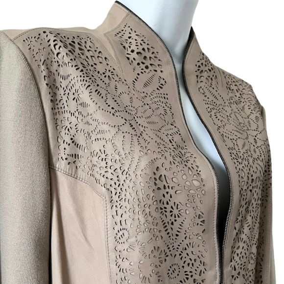 Elie Tahari Shira Leather Jacket Size Large Laser Cut Sahara Khaki - Picture 8 of 15